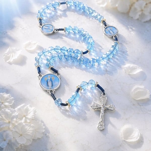 Terço de Cristal Azul com contas translúcidas e crucifixo