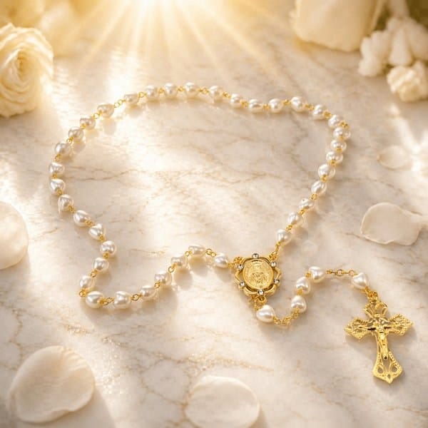 Terço de Nossa Senhora das Graças com contas delicadas e crucifixo